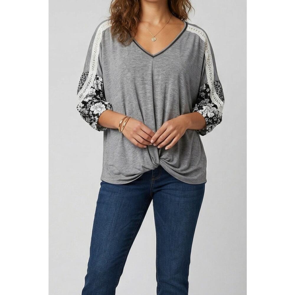 Fate + Fortune XL Gray V Neck Top Rayon Spandex Twist Waist Lace Detail Sleeves
